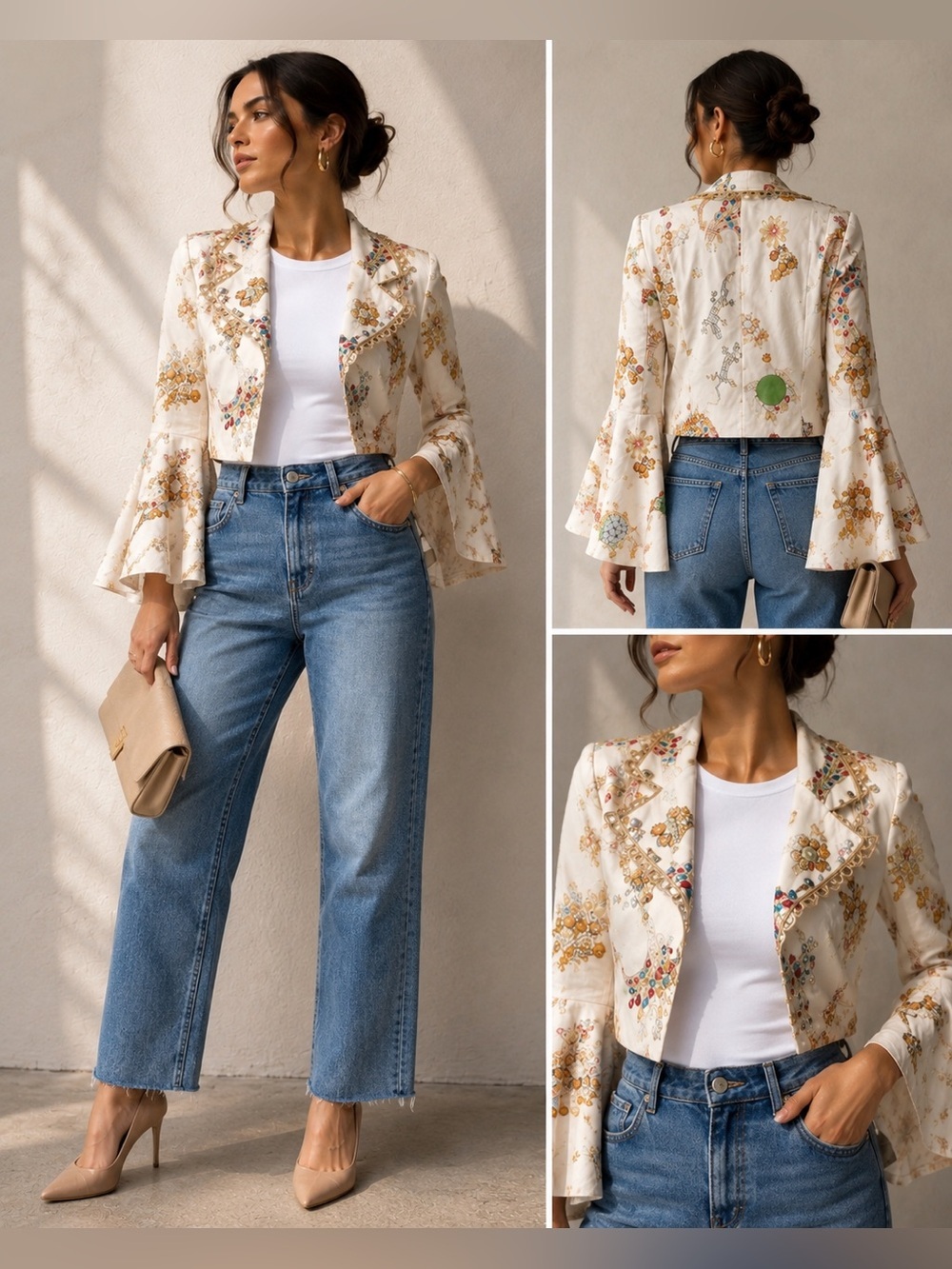 Alberto Makali Embellished Cropped Bell Sleeve Jacket | Art-to-Wear | Size 2